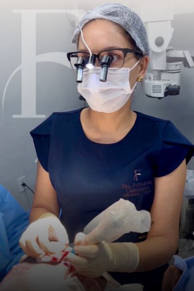Doutora Fernanda Clementino realizando a cirurgia de transplante capilar utilizando a técnica FUE